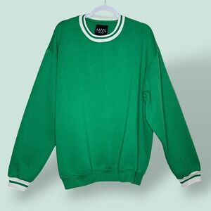 BoohooMAN Mens XL Green Sweatshirt Long Sleeve‎ Crew Neck White Trim Pullover